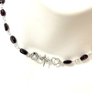Genuine Garnet Short Necklace, Natural Gemstone w/ Paw Print Heart Beat Pendant